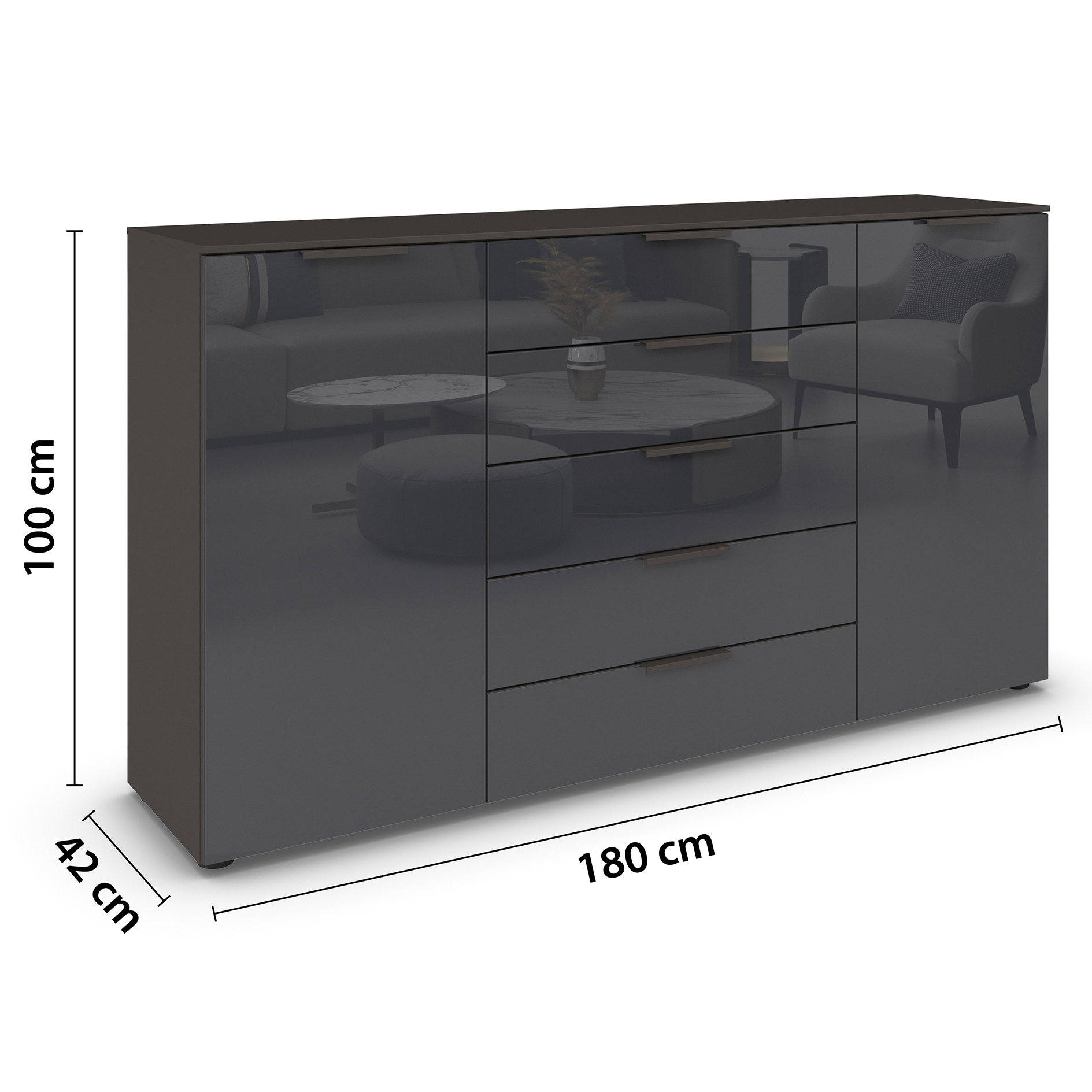 Kommode - graphit-Basaltglas - Graphitgriffe - 180 cm