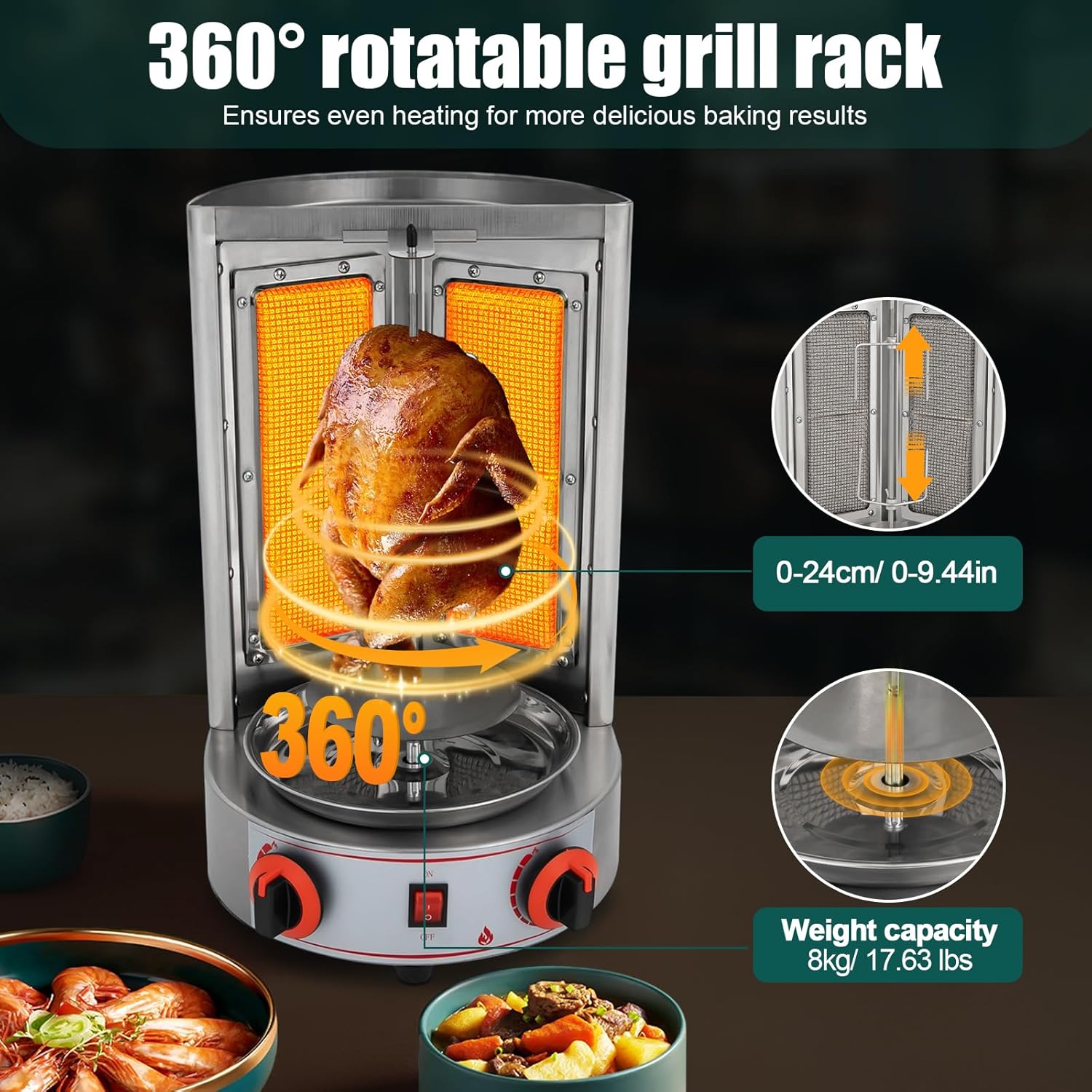 4.3KW Dönergrill, Vertikaler aus Edelstahl für Döner, Dönergrill für Gas Zuhause, Drehspieß Rotissiere Hähnchengrill, bis Gewichtskapazität 8kg Schaschlik-Grill für Schwein, Huhn und Hackbraten