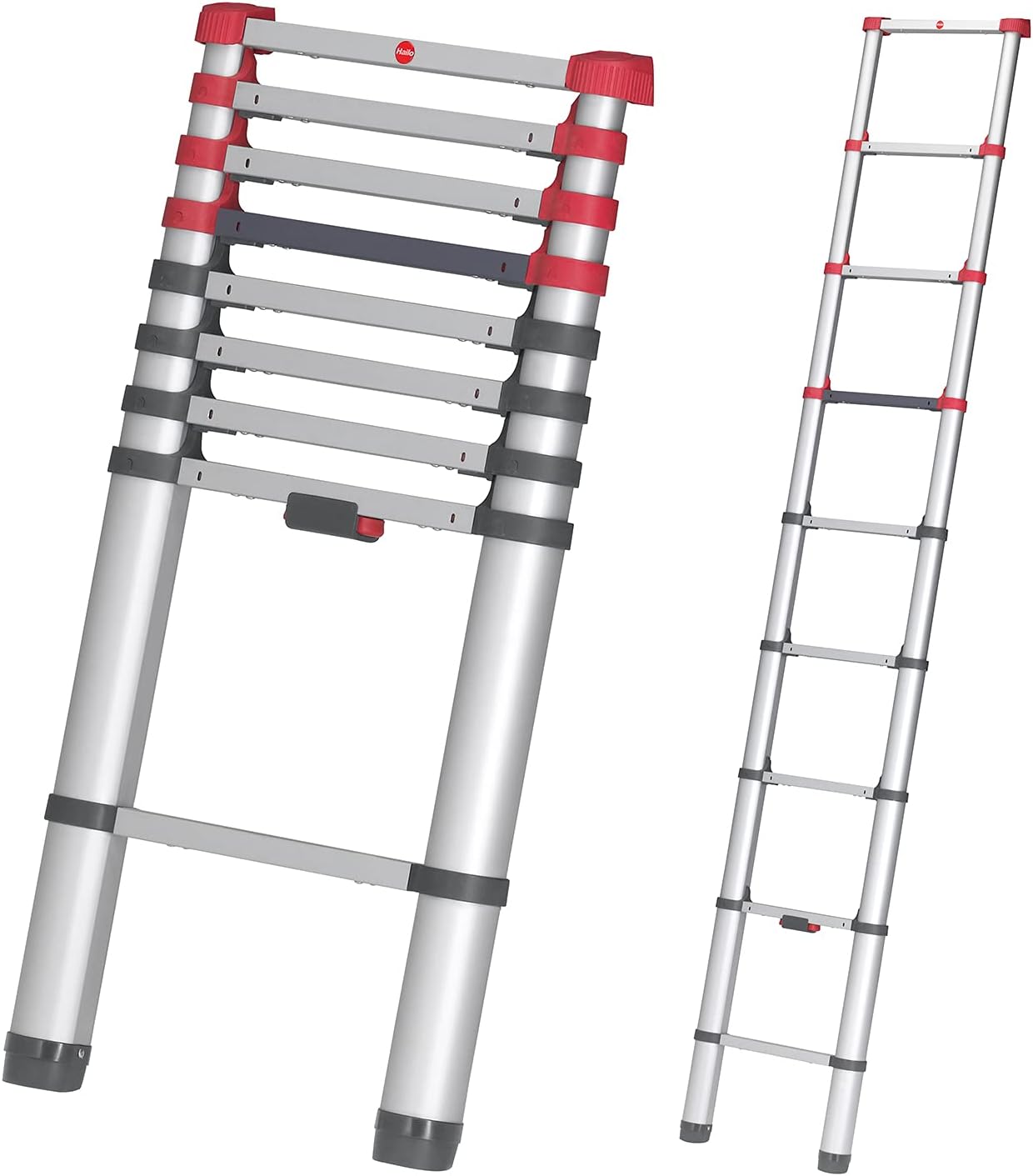 Hailo T80 FlexLine Alu-Sicherheits-Teleskopleiter - ausziehbare Anlegeleiter mit 9 Sprossen - Arbeitshöhe bis 340 cm - Gewicht 8,1 kg - Silber