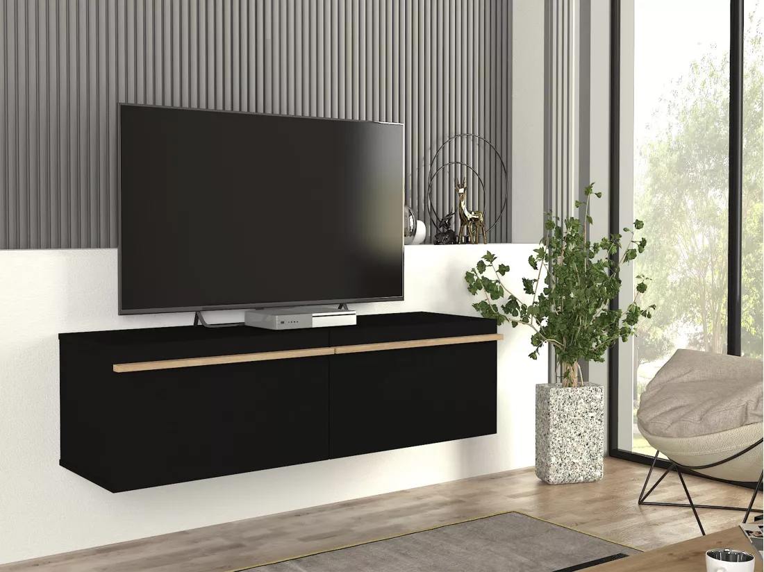 Meuble TV suspendu avec 2 portes - Noir - MIELONA