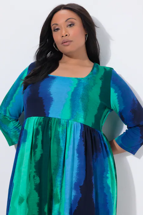 Maxikleid, Batikmuster, A-Linie, Carré-Ausschnitt, 3/4-Arm, marine