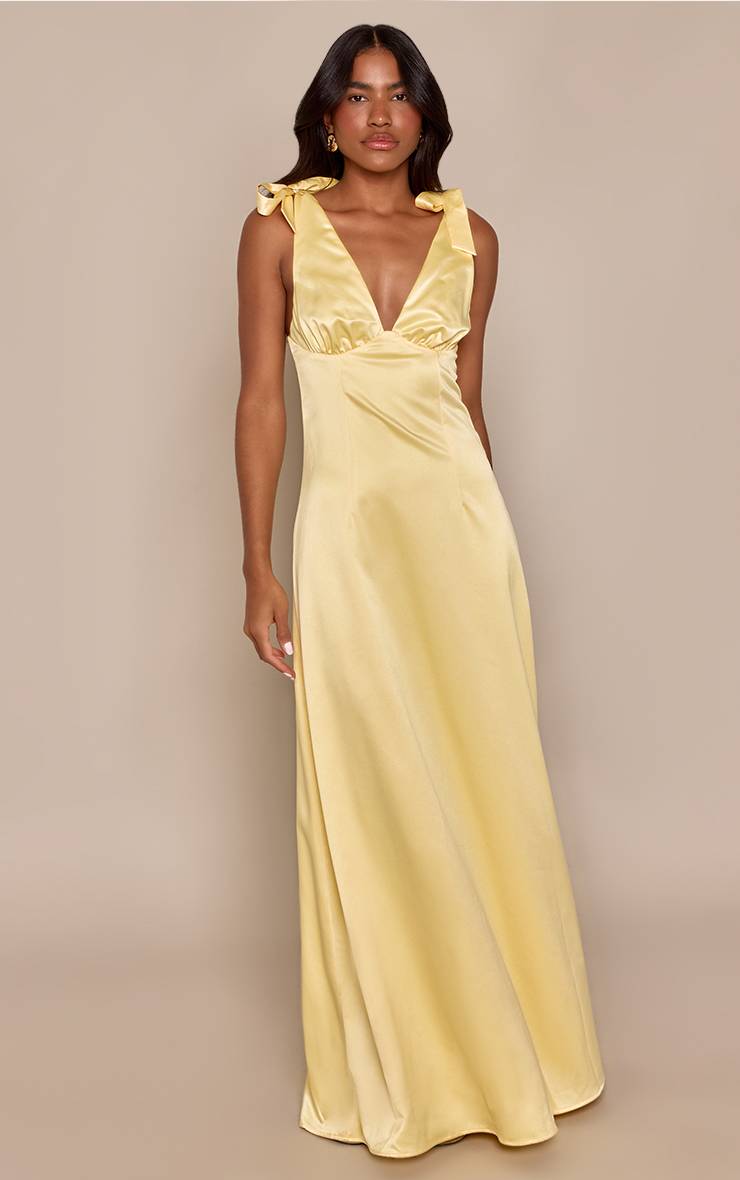 Citron Robe Longue Satinée À Épaules Nouées
