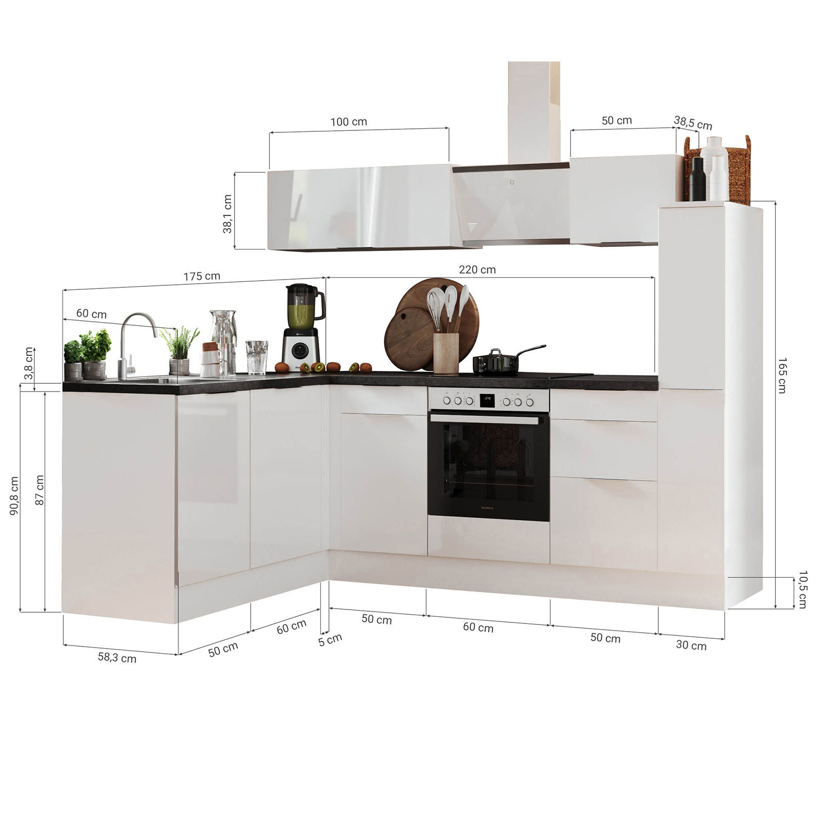 RESPEKTA Winkelküche - weiß Hochglanz - Artisan Eiche - mit E-Geräten - 250 cm