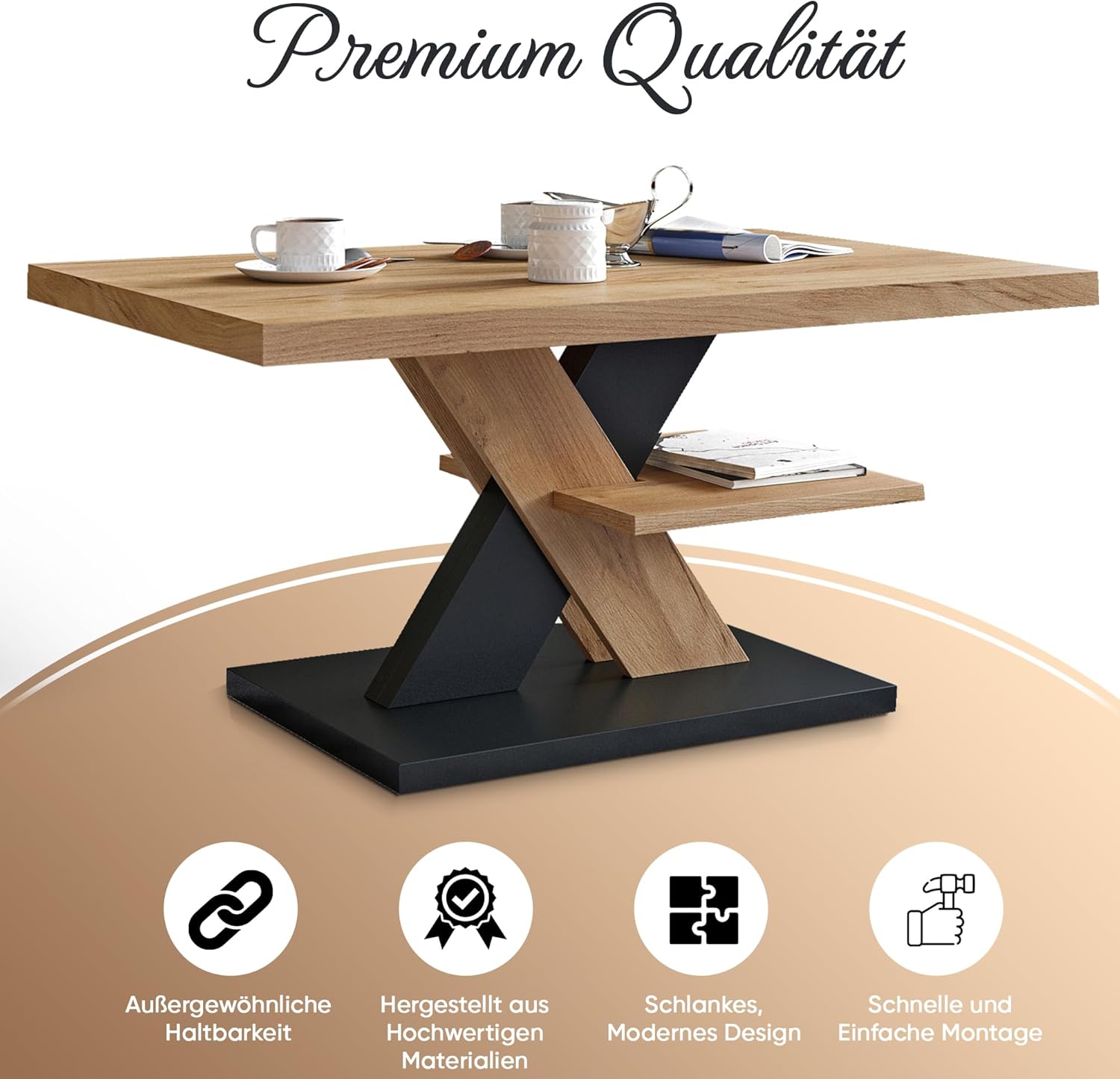 Viosimc Couchtisch, Moderner Wohnzimmertisch, Modern Möbel Wohnzimmer, Kaffeetisch, Sofatisch mit Großer Ablage, Beistelltisch für Tee und Kaffee – Coffee Table for Living Room - Eiche & Schwarz