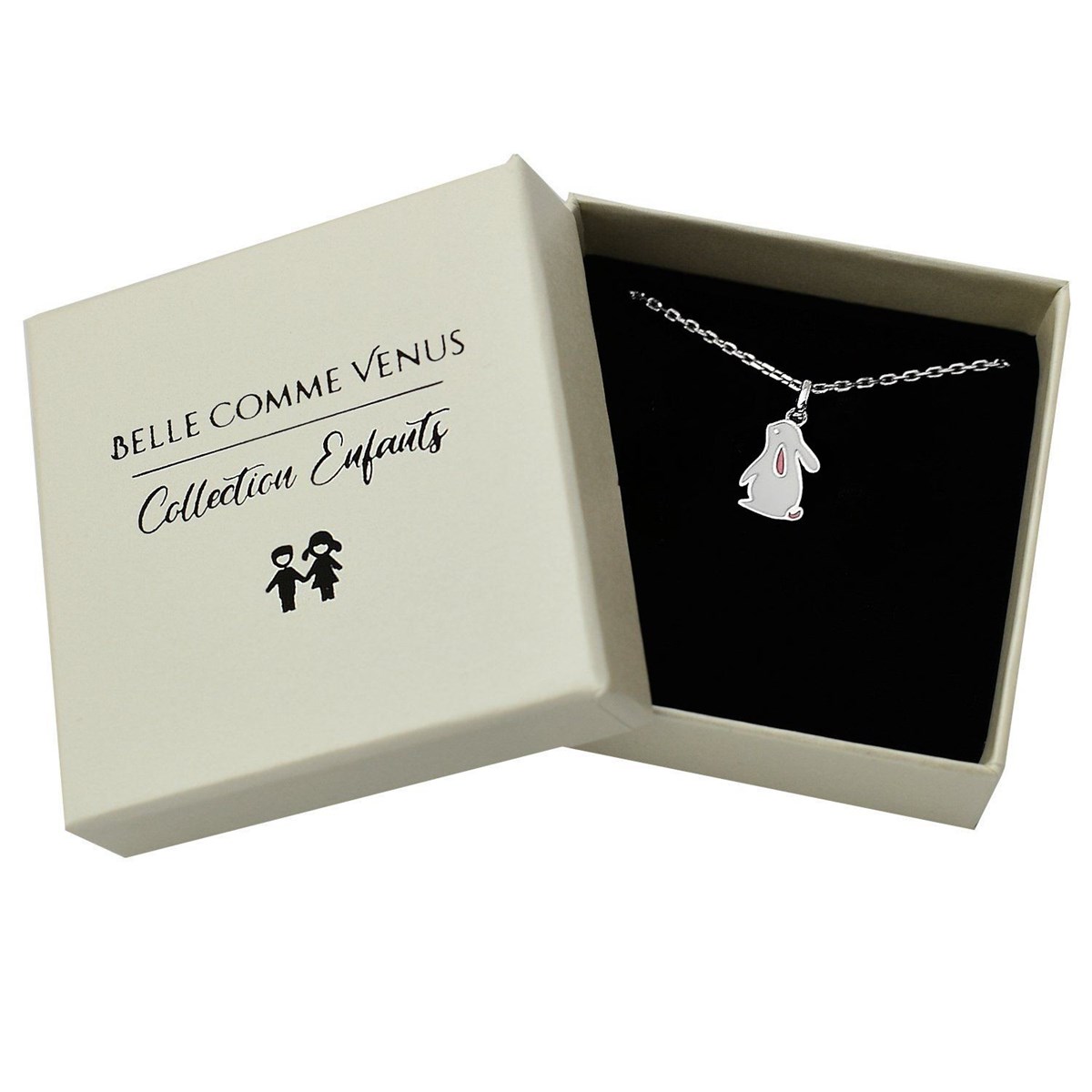 Collier lapin émail blanc et rose Argent 925 Rhodié