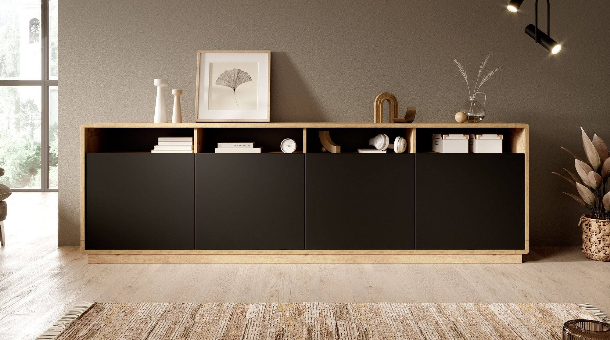 Meubella - Dressoir Acuna - Mat zwart - Eiken - 238 cm