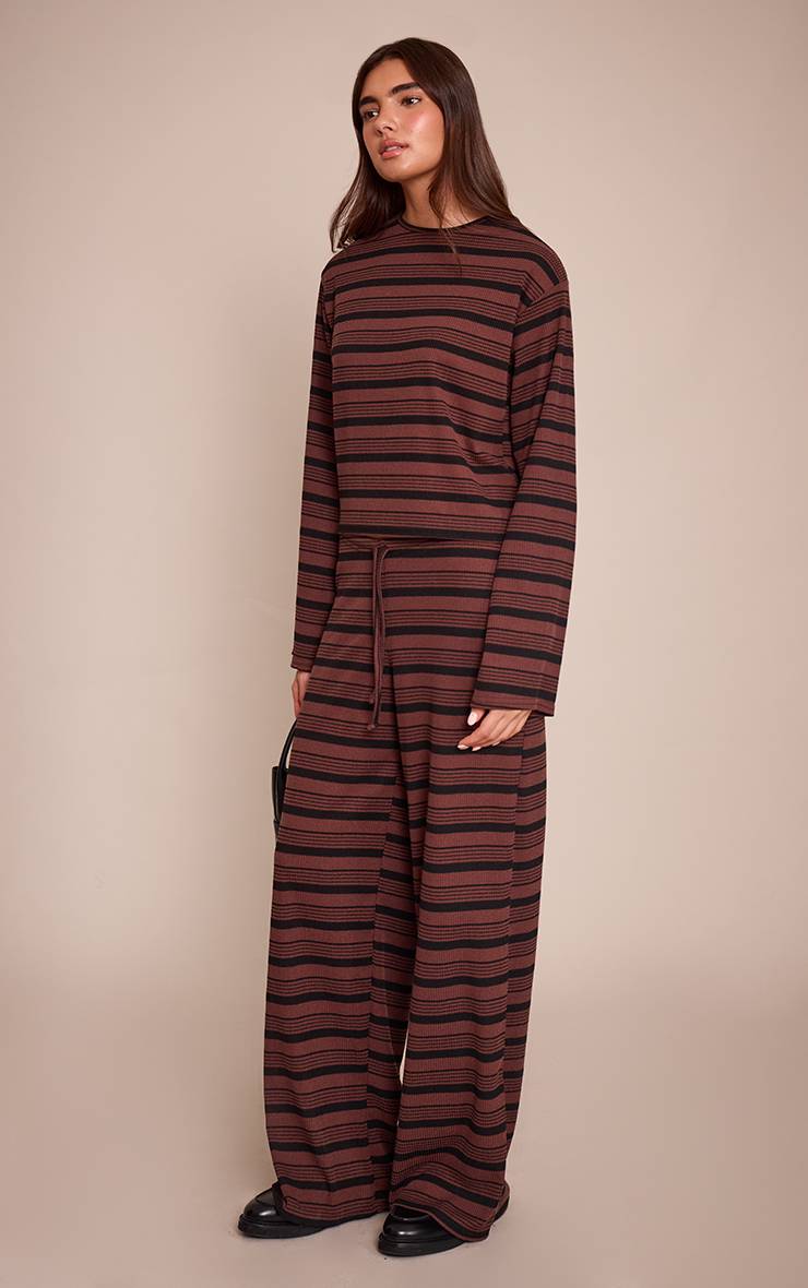 Marron Foncé Pantalon Large Ultra Doux À Rayures