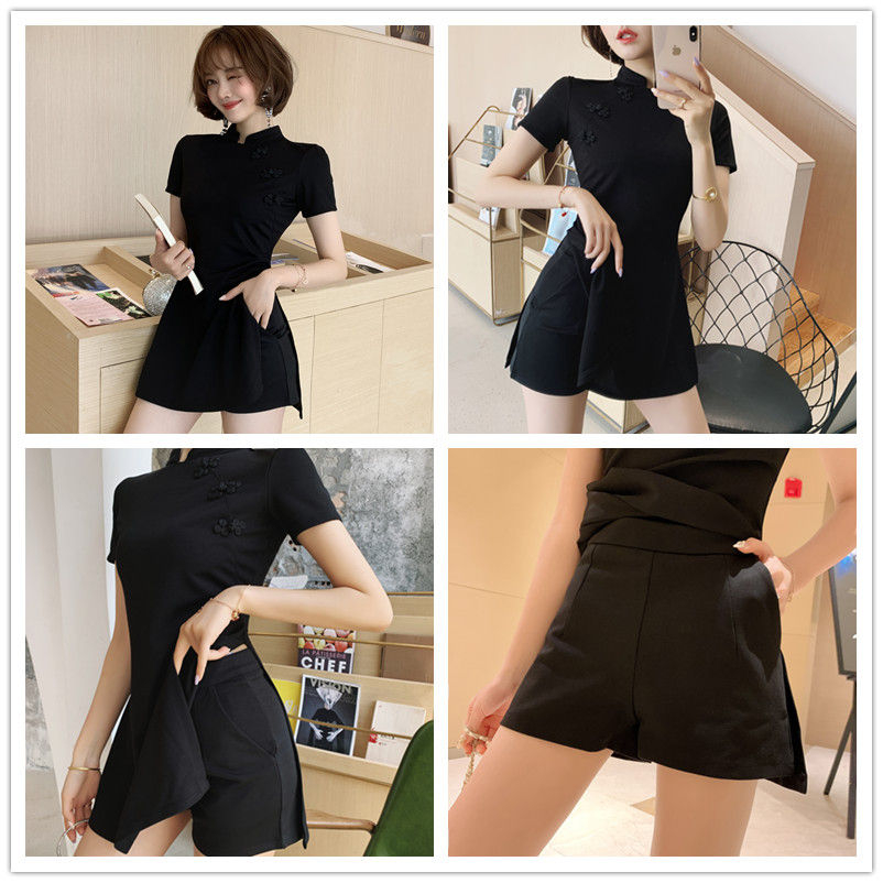 Glacia - Set: Mini-qipao met korte mouwen en zijsplit + shorts