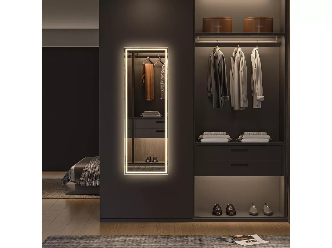 150 x 40 cm Miroir sur Toute la Longueur,Miroir LED avec éclairage sur Pied ou Mural,3 Couleurs Réglable,Miroir de Sol,Chambre à Coucher,Salon,Noir