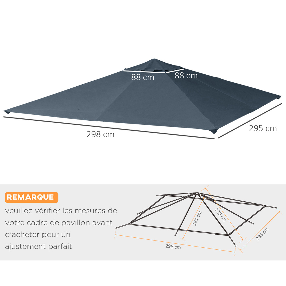 Toile de rechange pour pavillon tonnelle tente 3 x 3 m polyester haute densité 180 g/m² revêtement pa anti-uv gris