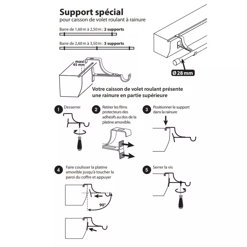 Support à tringle pour caisson de volet roulant (L135 / D28 mm) Blanc satiné