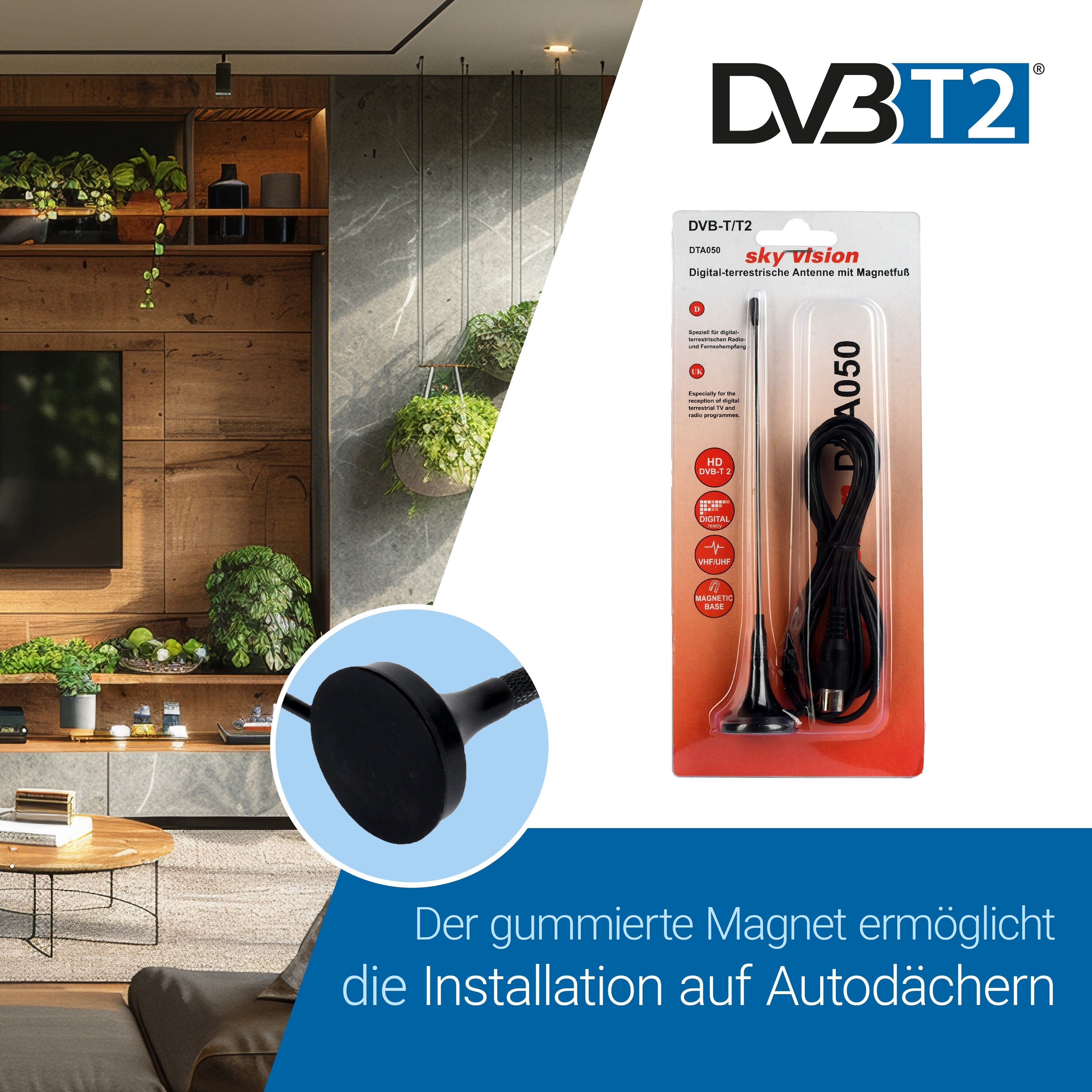 sky vision DTA 50 DVB-T/T2 / DAB+ Antenne, Zimmerantenne, Innenbereich