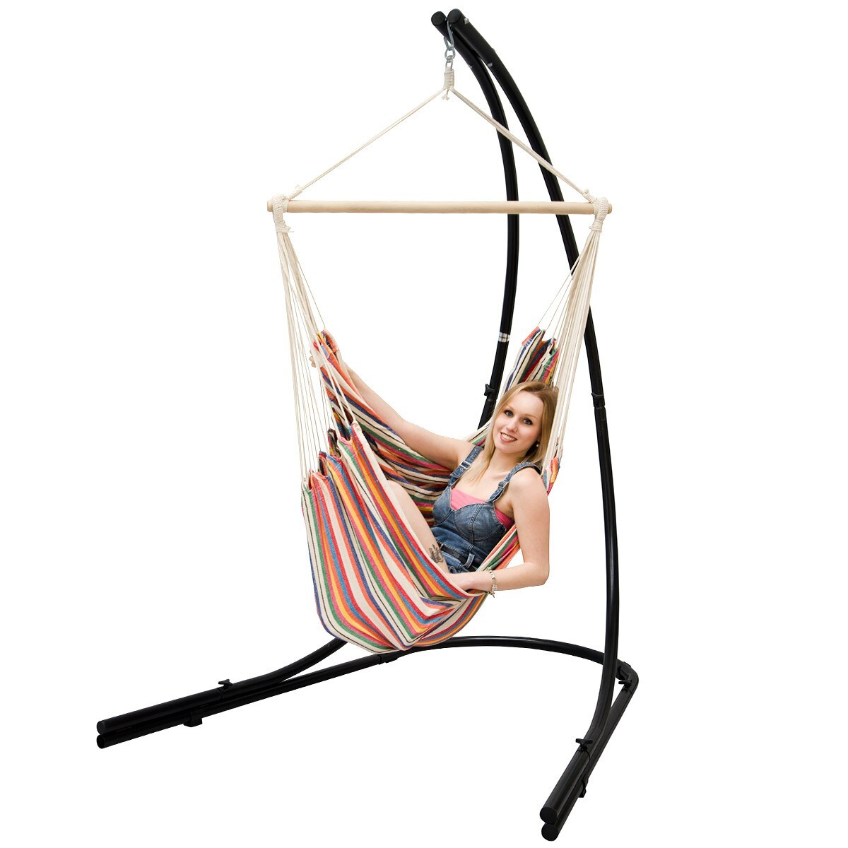 Freistehendes Stahl-Hängestuhlgestell 210cm inkl. XXL Hängesessel aus Baumwolle mit Swivel 185x130cm