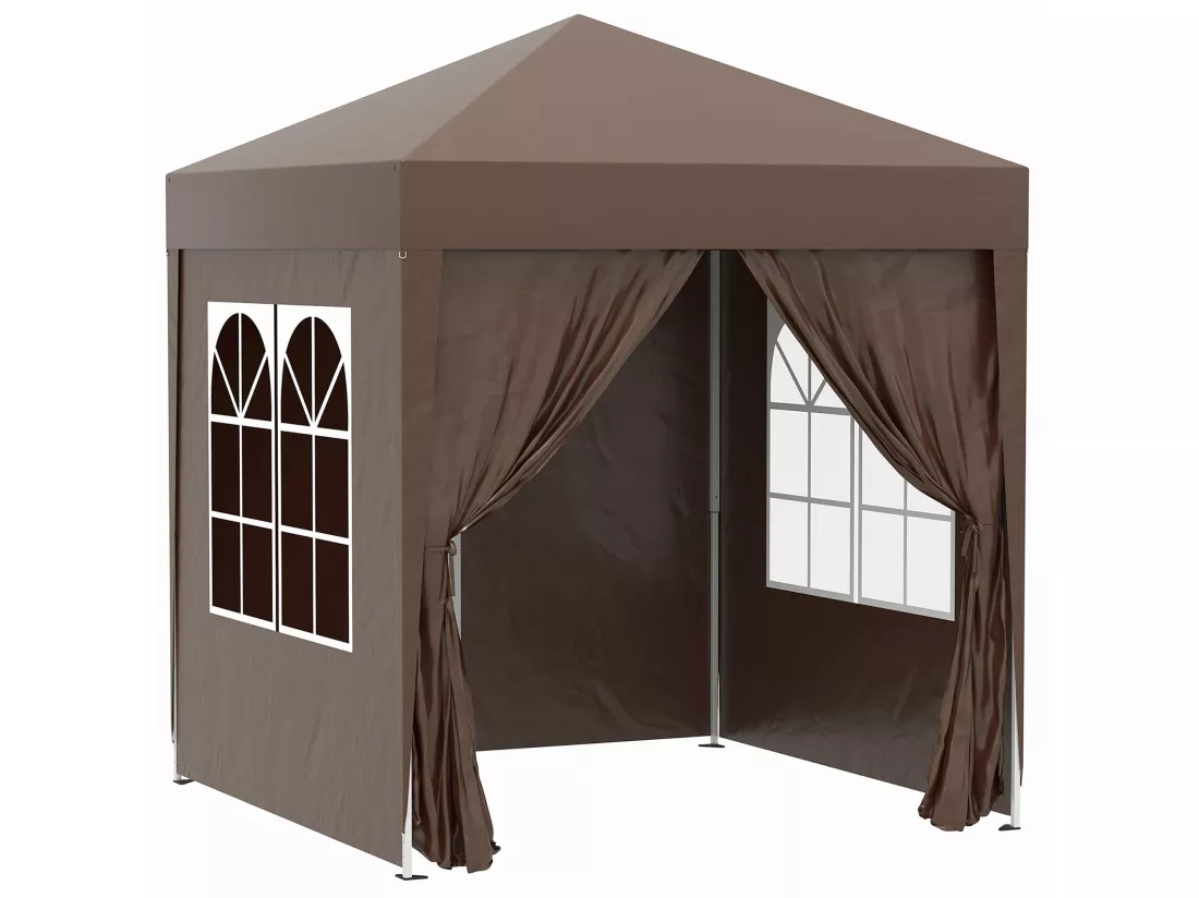 Tonnelle de jardin tente pliante barnum pop-up 2 x 2 m 4 parois latérales amovibles 2 fenêtres sac de transport chocolat