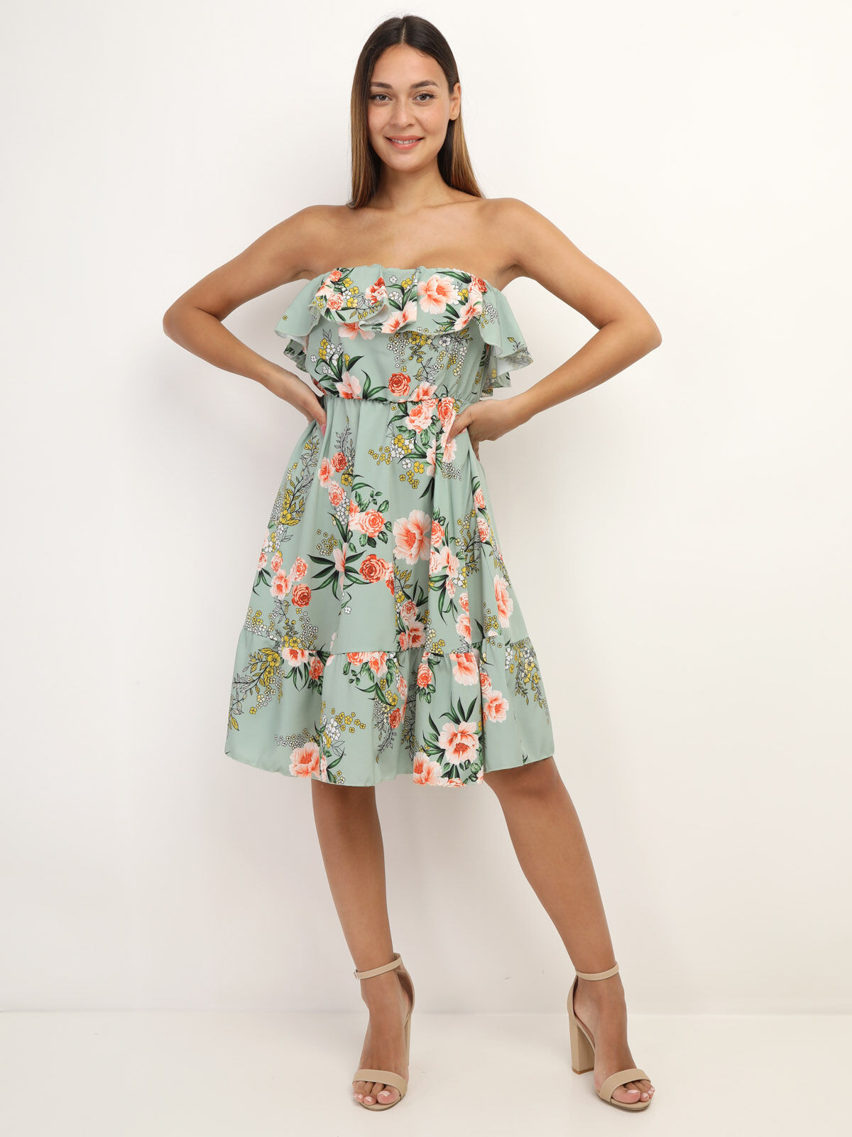 Robe bustier à volants et imprimé fleuri- Vert clair