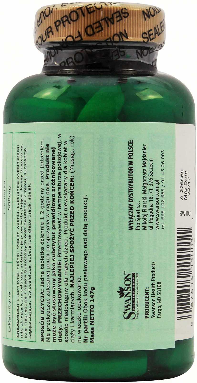 Swanson L-Carnitina 500 mg 100 comprimidos