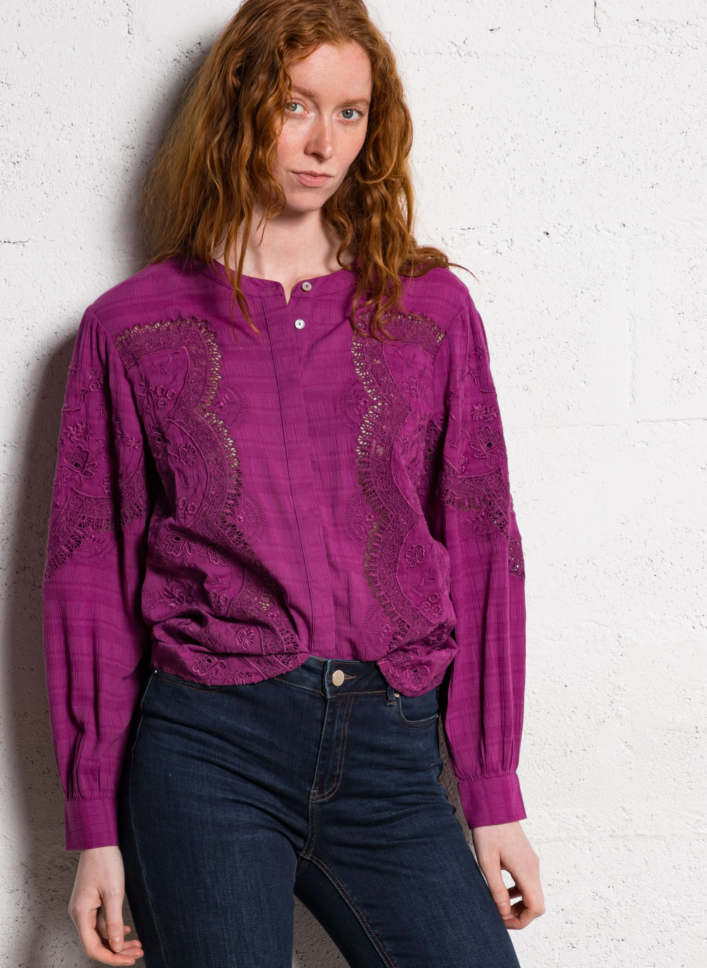 BALI - Chemise droit col rond brodée| Rose
