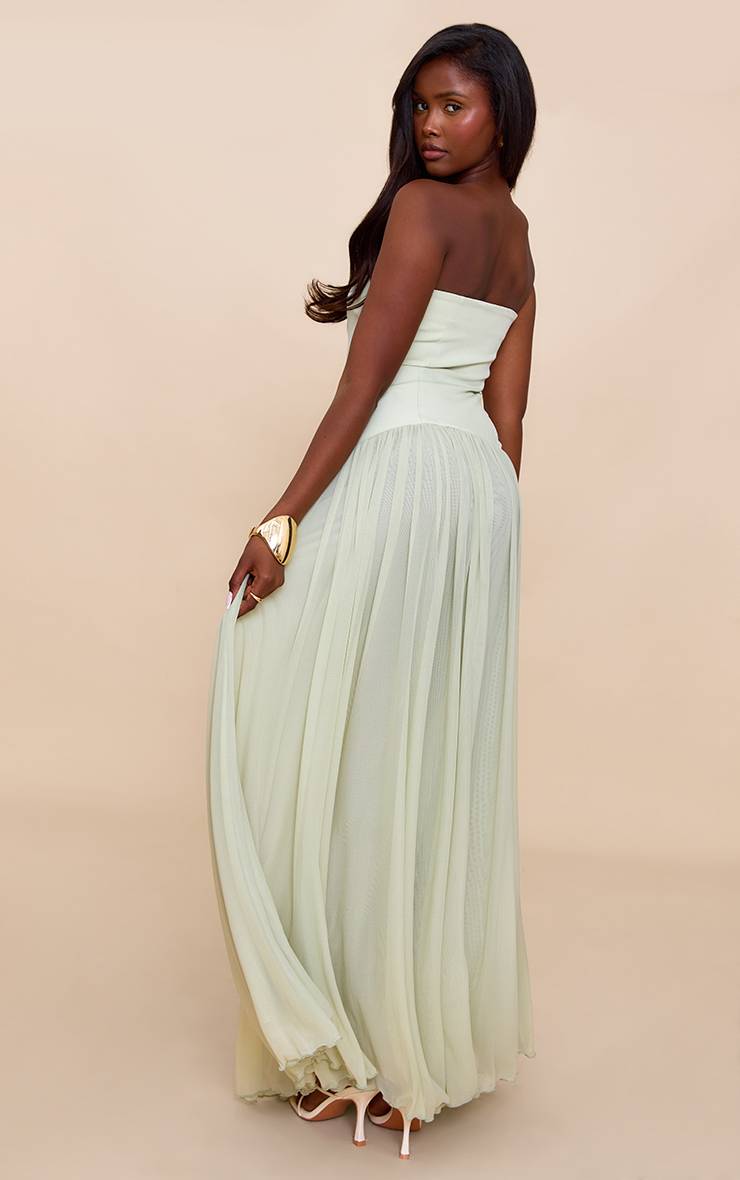 Vert Sauge Robe Longue Plissée En Mousseline Bustier Bandeau