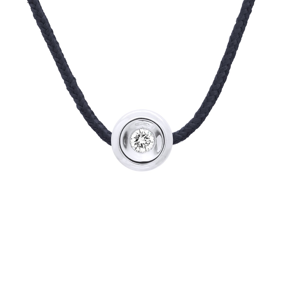 Collier serti Clos Diamant 0,05 Cts Nylon Noir Argent 925