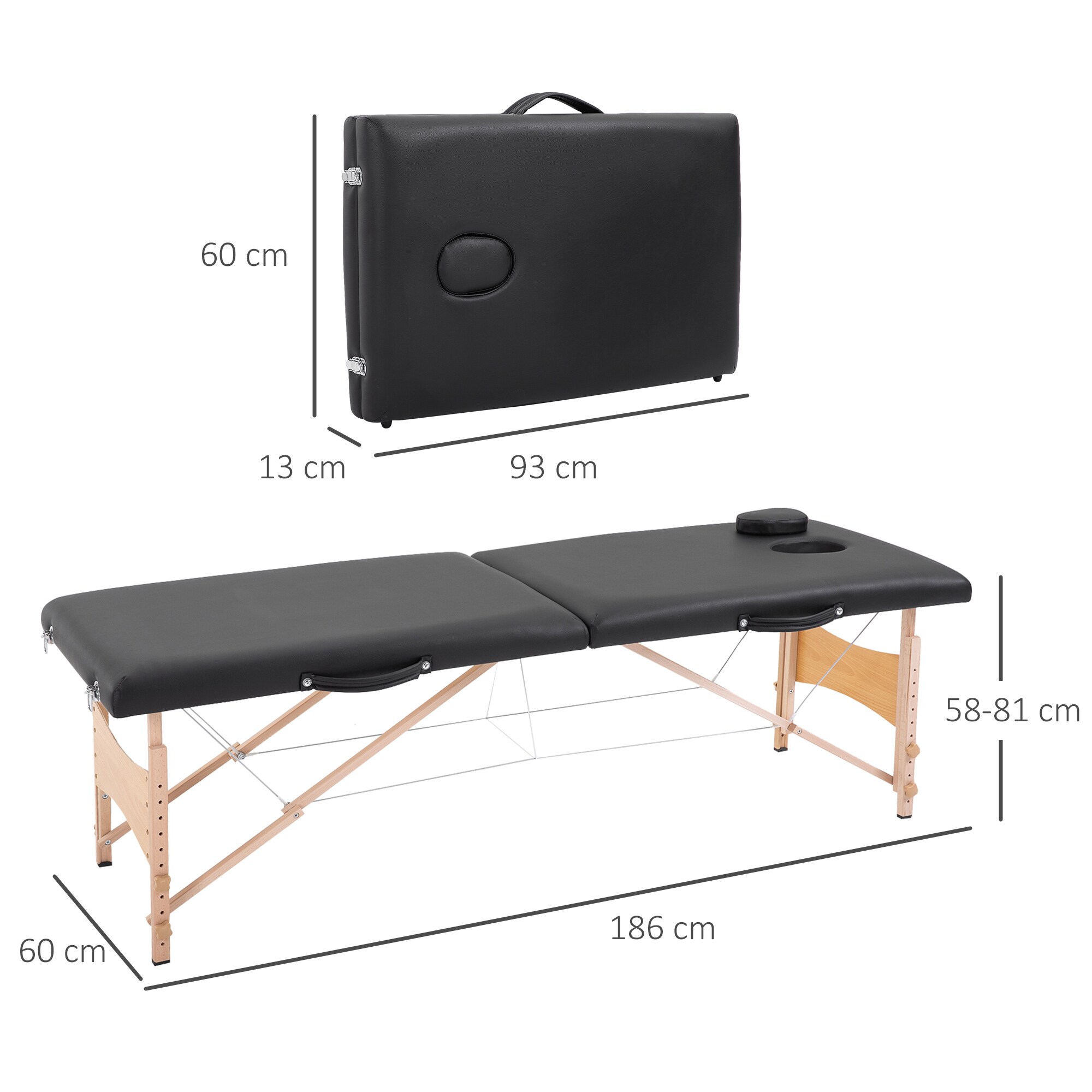 HOMCOM Mobiler Massagetisch schwarz 186 x 60 x 58-81 cm