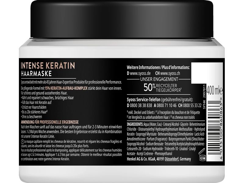 Syoss Haarmaske Intense Keratin 400 ml Hochwertige Maske glättet die Haarstruktur