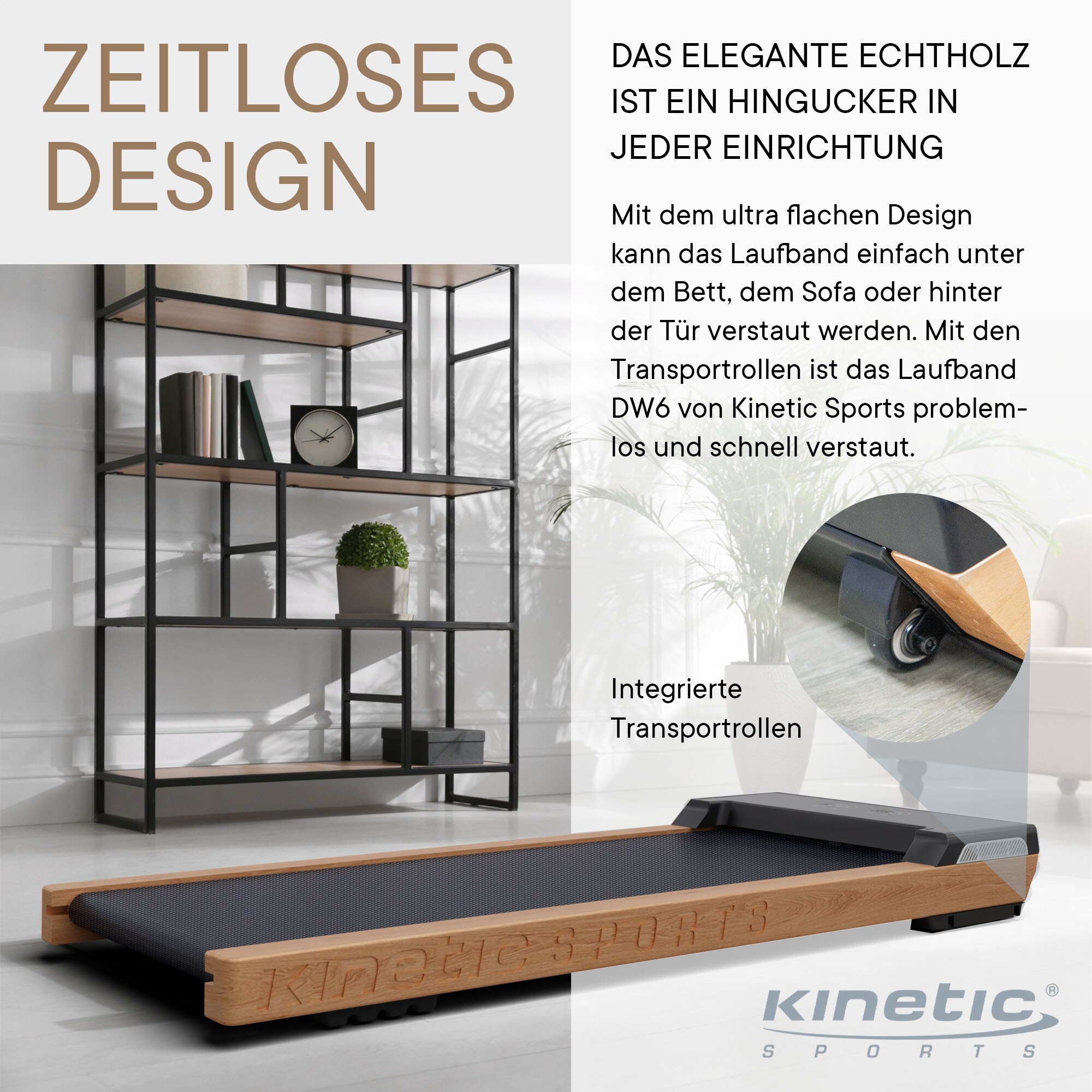 KINETIC SPORTS Laufband für Schreibtisch DW6 Walking Pad – Design-Laufband mit Echtholz, 42 cm Lauffläche, LED Display, Bluetooth Lautsprecher, Under Desk Treadmill für Zuhause und Büro, bis 120 kg | Standard