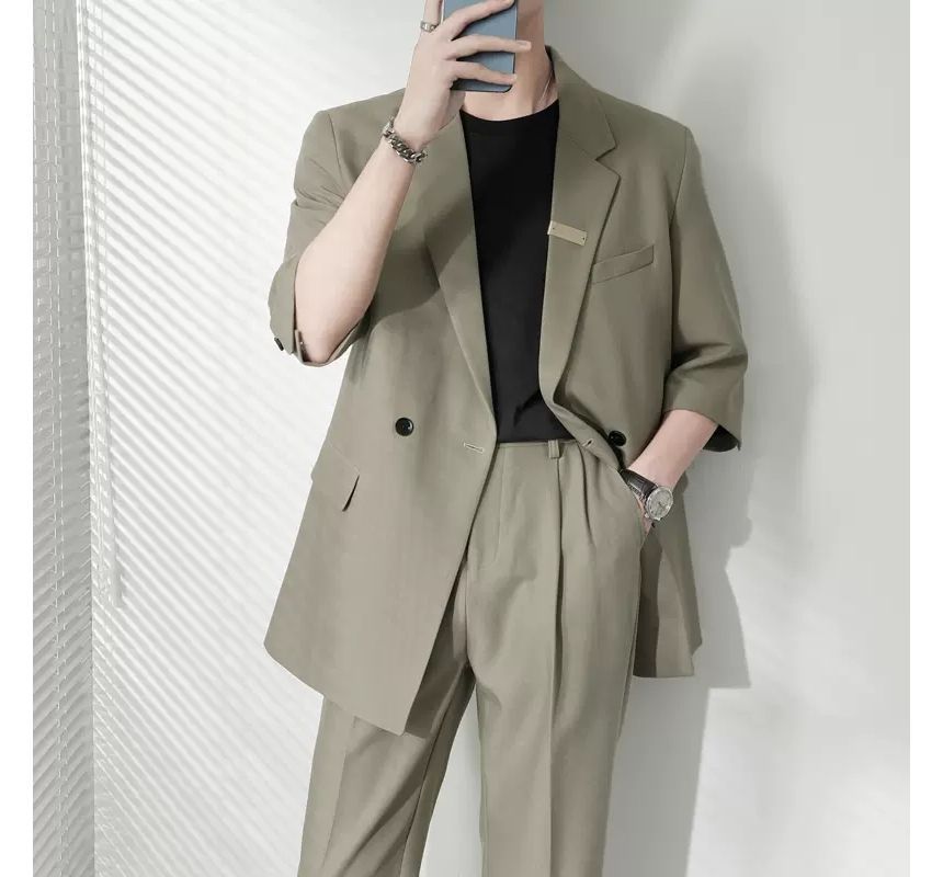 Naideth - Set: Reverskraag Effen Dubbelrijs Blazer + Middelhoge Rechte Broek