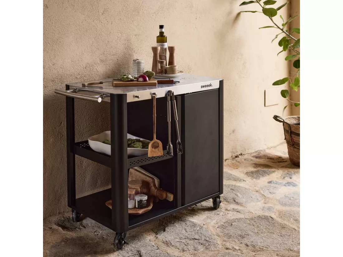 Desserte extérieure ANDY noire mat en acier inoxydable 94.5 cm avec tablette rabattable. L 156 x l 49.5 x H 80 cm