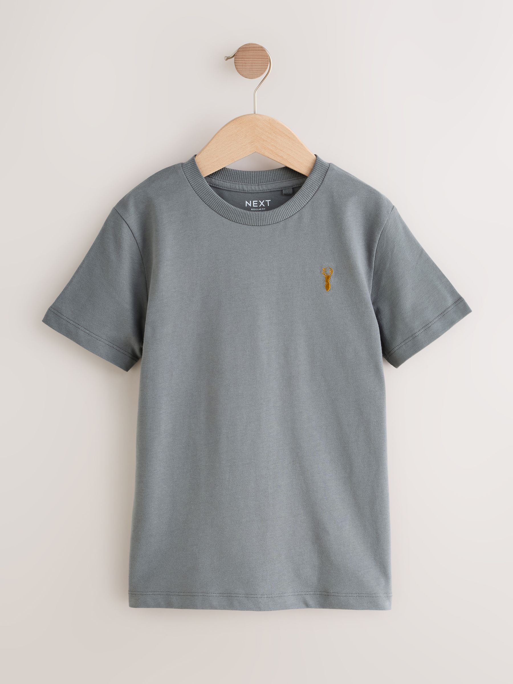 Grijs/zwart/kakigroen/lichtbruin - T-shirts met korte mouwen en geborduurd rendier, verpakking van 4 (3-16jr)