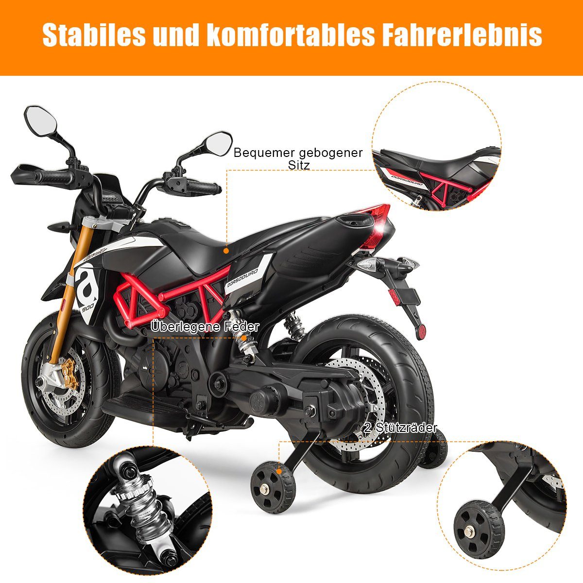 Motocicleta elétrica infantil COSTWAY, com rodinhas de apoio, LED e música.