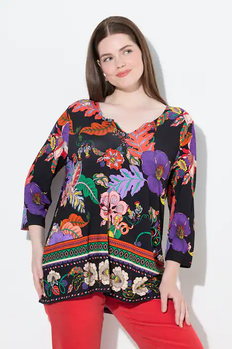 Shirt, Landhausdruck, A-Linie, Tunika-Ausschnitt, 3/4-Arm, fuchsbraun