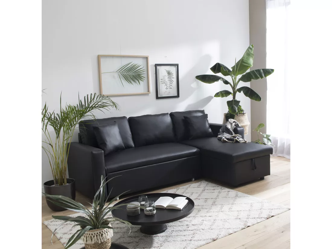 Canapé d'angle convertible simili CLARK 3 places noir - HAPPY GARDEN
