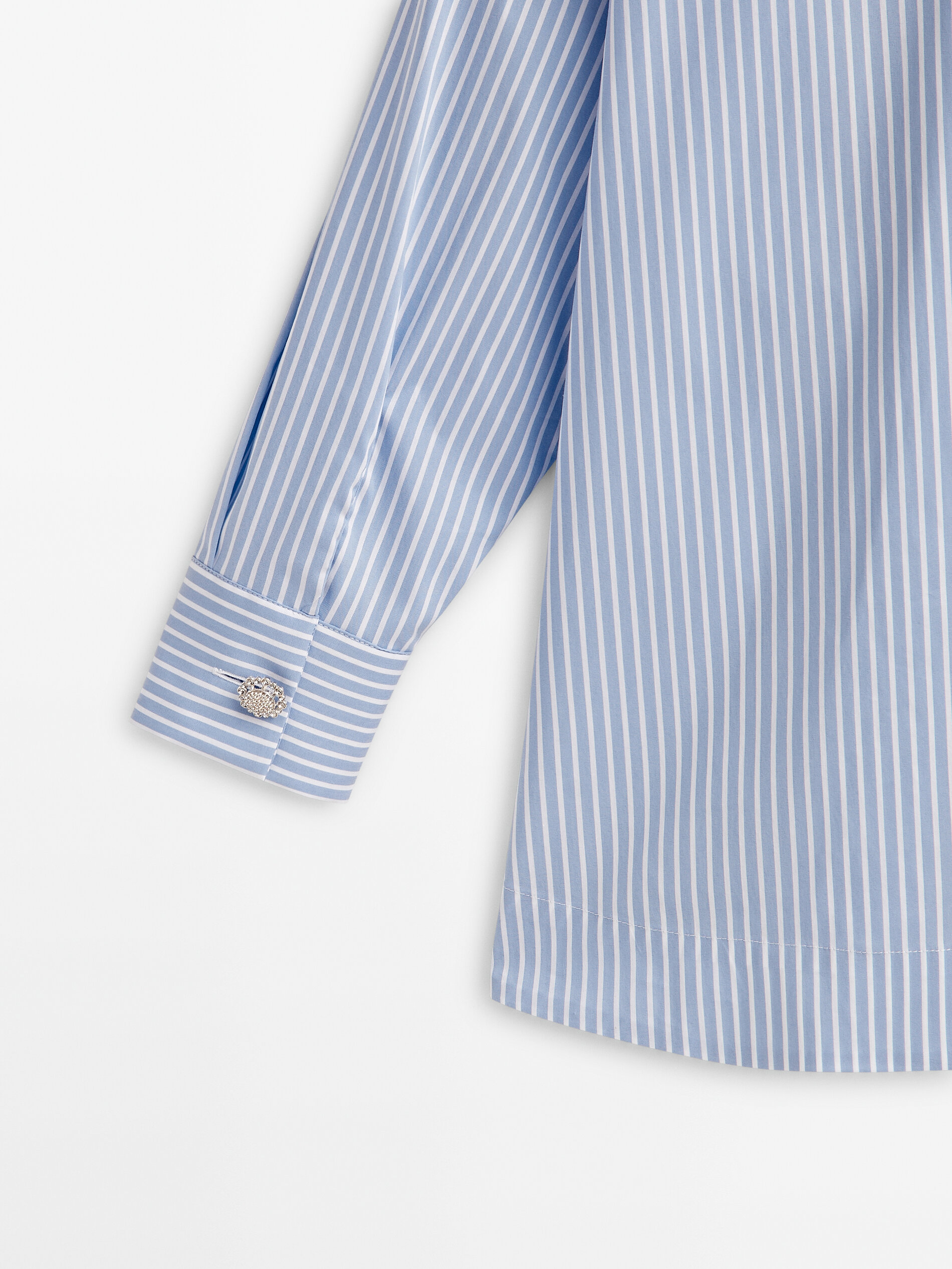 Camisa de popeline listrada com botões de joia - Studio - AZUL