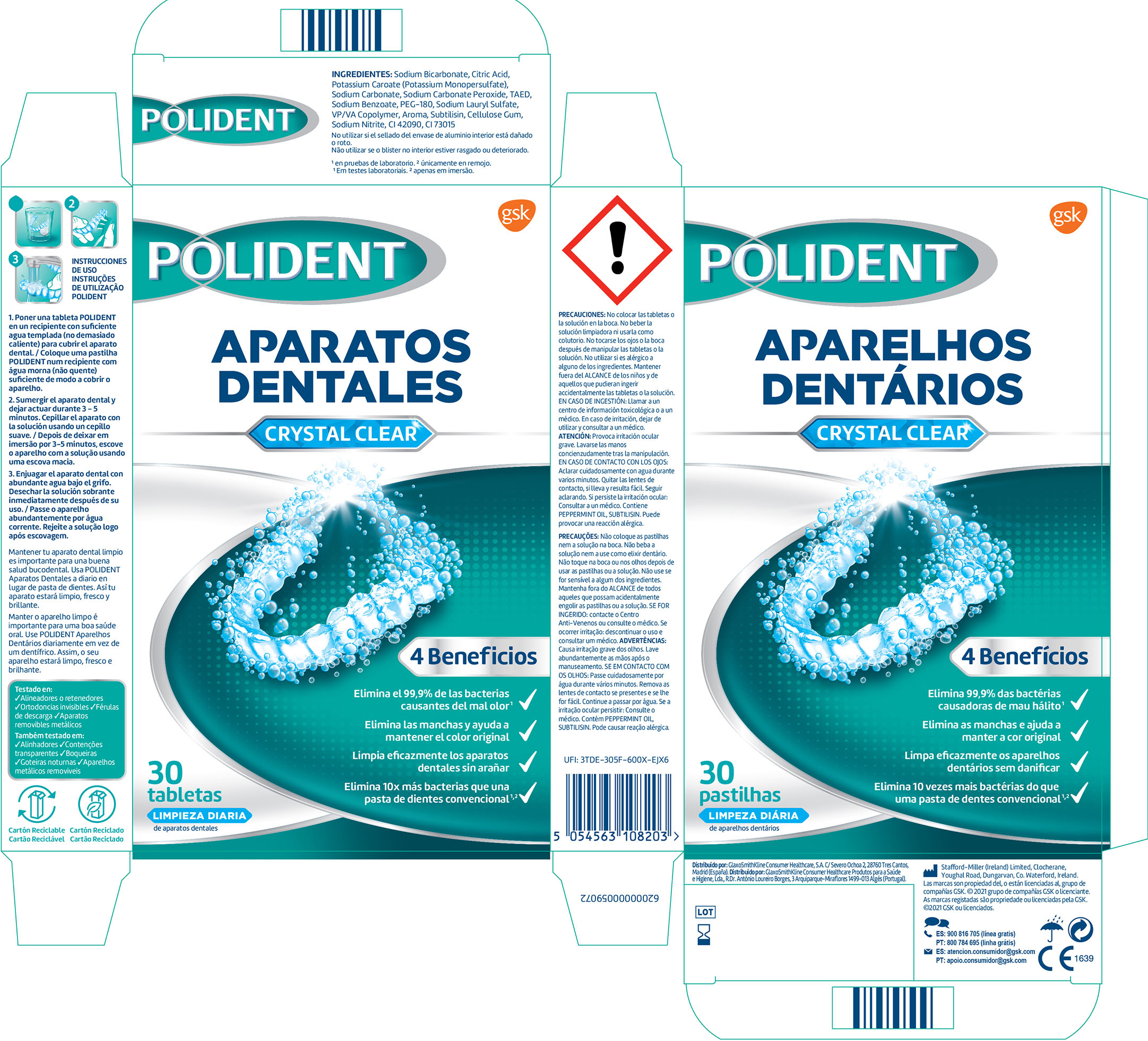 Pastilhas Limpeza Aparelhos Dentários Polident 30unds