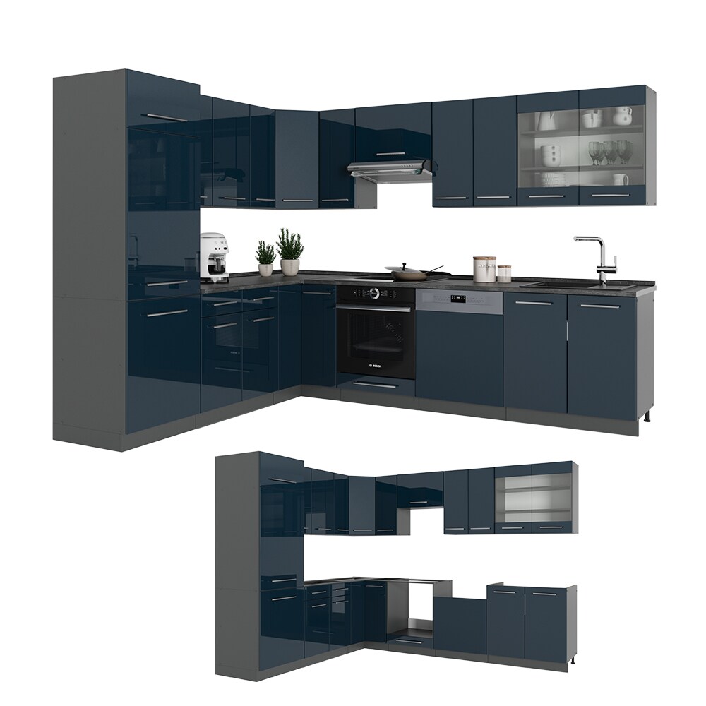 Vicco Eckküche Fame-Line Anthrazit Dunkelblau Hochglanz 287x227 cm ohne Arbeitsplatte