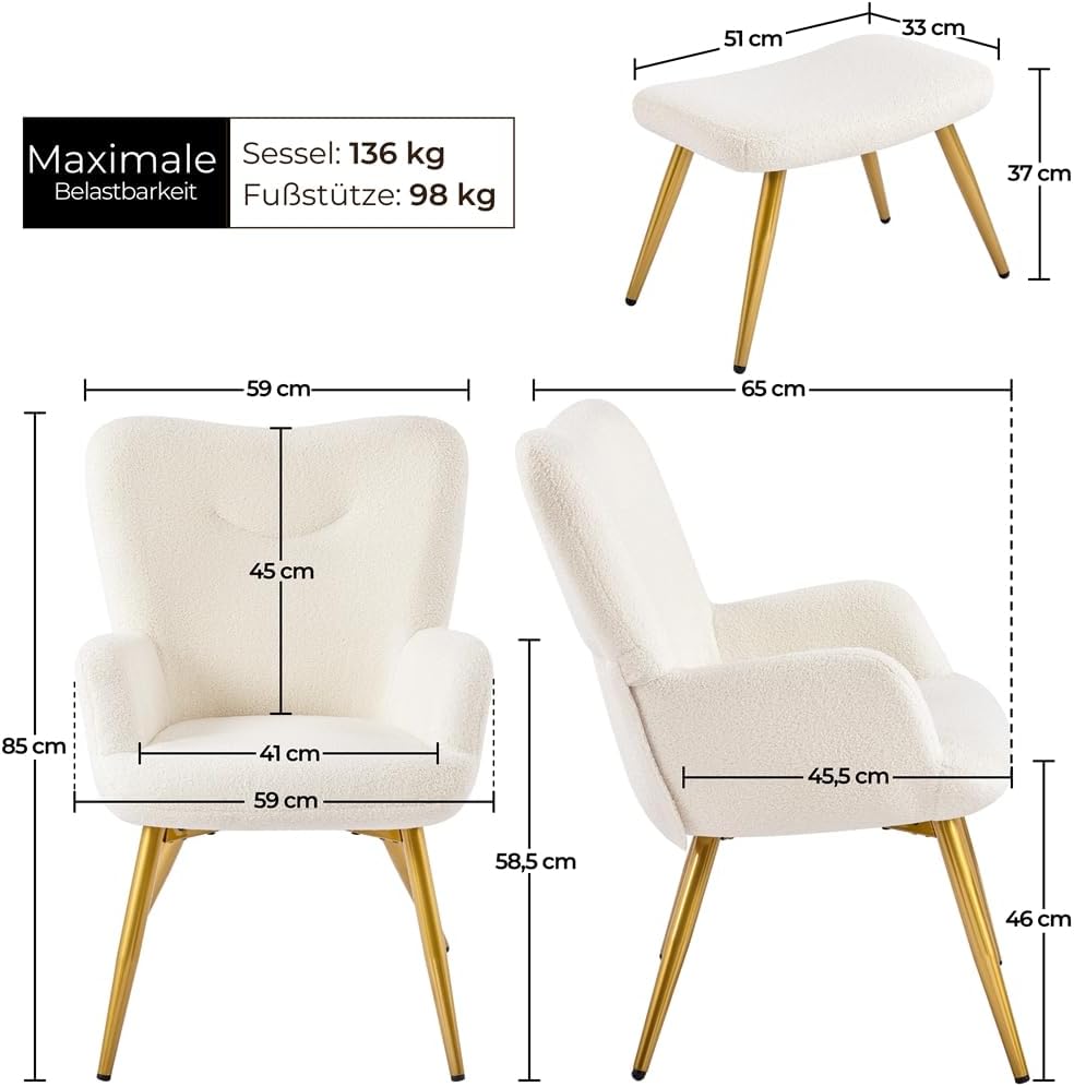 Yaheetech Sessel Ohrensessel mit Hocker aus Boucle-Gewebe, Relaxsessel mit Fußstütze, Loungesessel mit Klappbarer Rückenlehne, Fernsehsessel für Wohnzimmer/Schlafzimmer Elfenbein