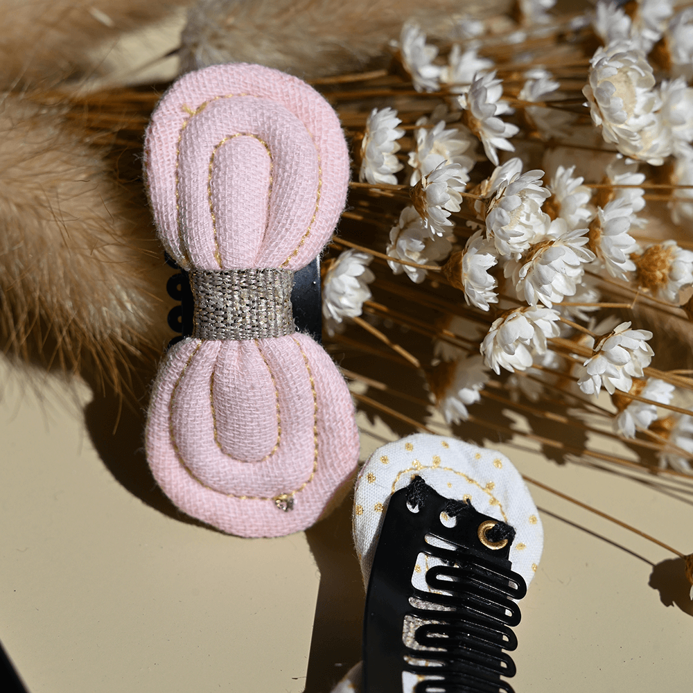 Barrette Noeud Anti-Glisse Gaze Pois Or Rose