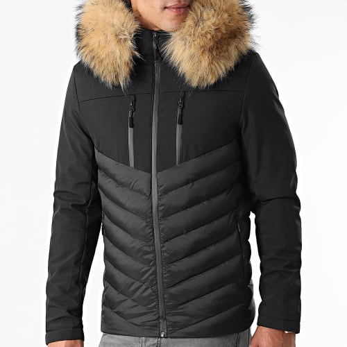 Doudoune Capuche Tech Fitted Avec Fourrure Beige 0027 Noir