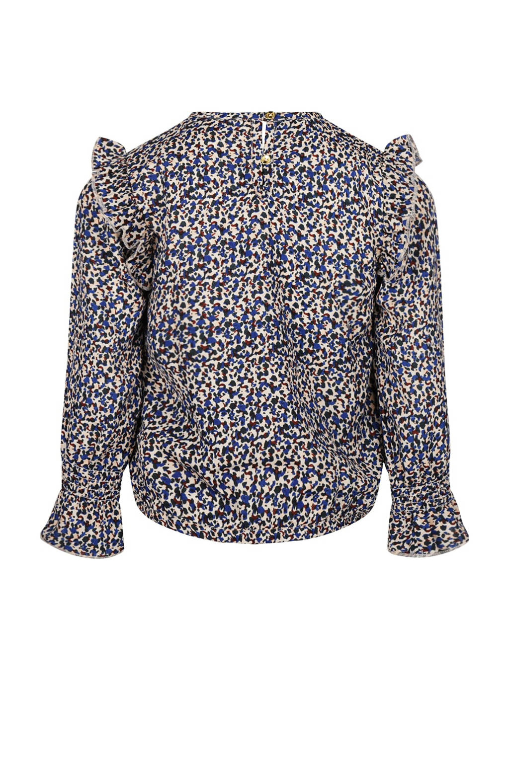 Koko Noko top met all over print en ruches blauw/wit/bruin