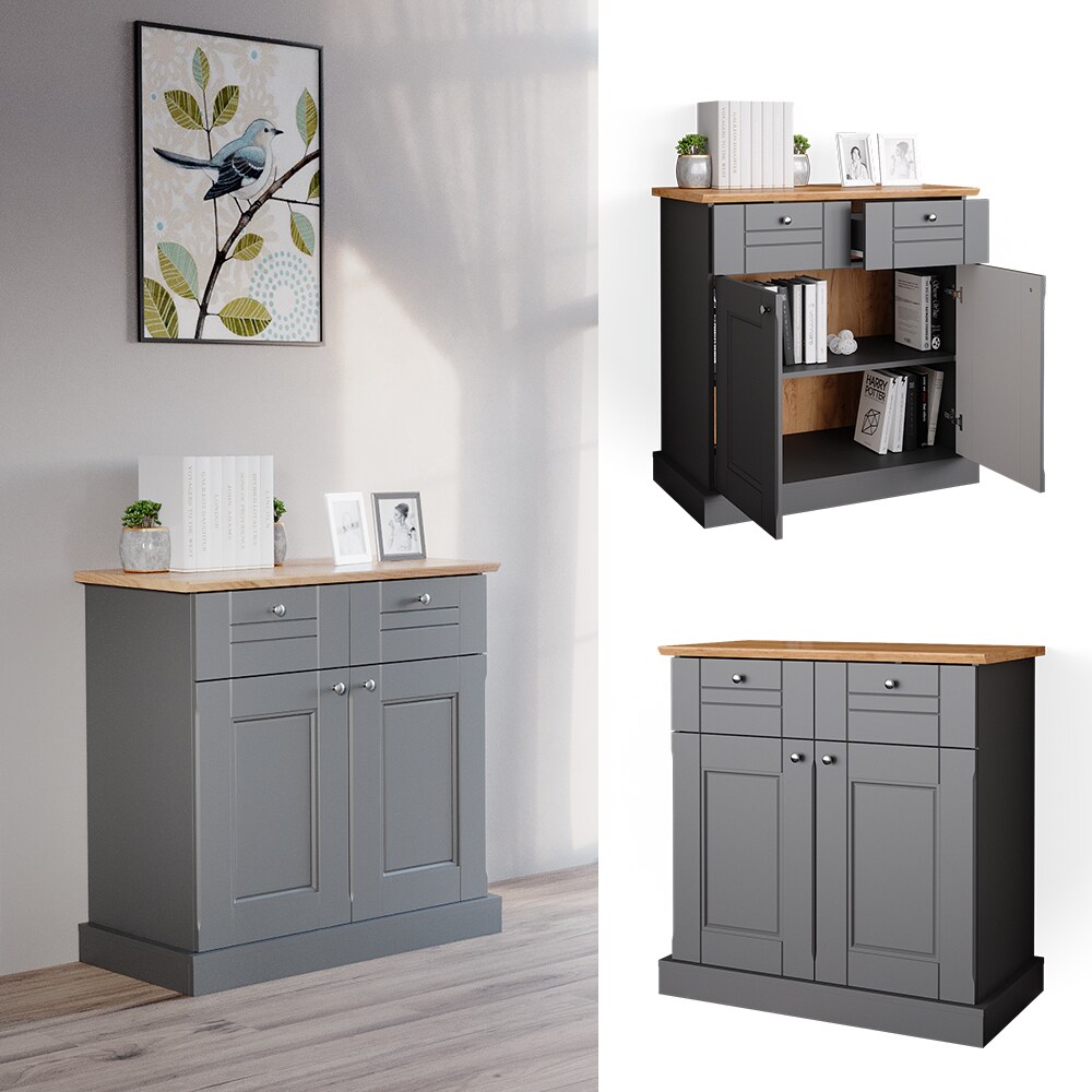 Vicco Kommode Mehrzweckschrank Wohnzimmermöbel Bergamo Grau Eiche Wohnzimmer Schrank 83x84 cm Vintage Ablage Schublade Schranktür Wohnzimmermöbel