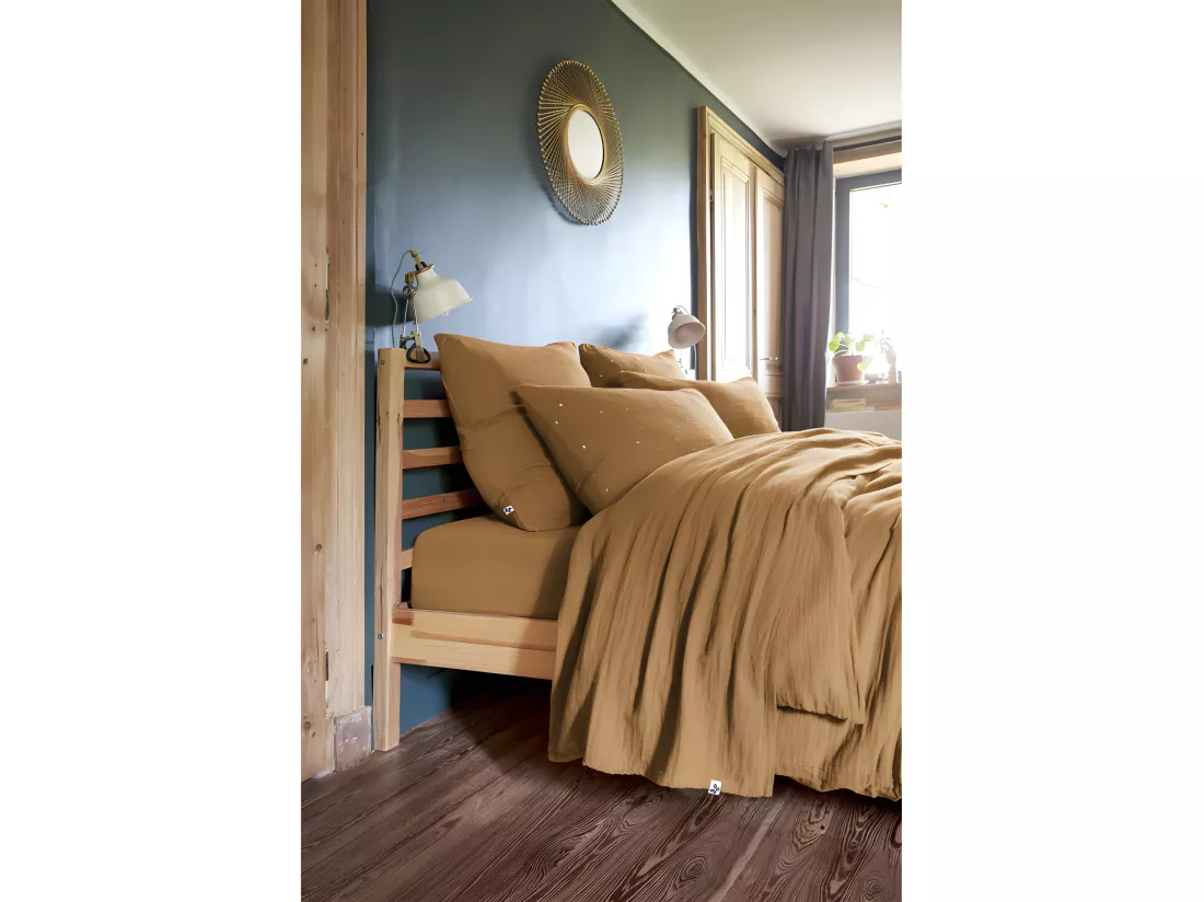 Parure de draps Gaze de Coton - Gaïa Camel - 4 pièces 1 Drap plat 270 x 300 + 1 Drap housse 180 x 200 + 2 Taies 60 x 60