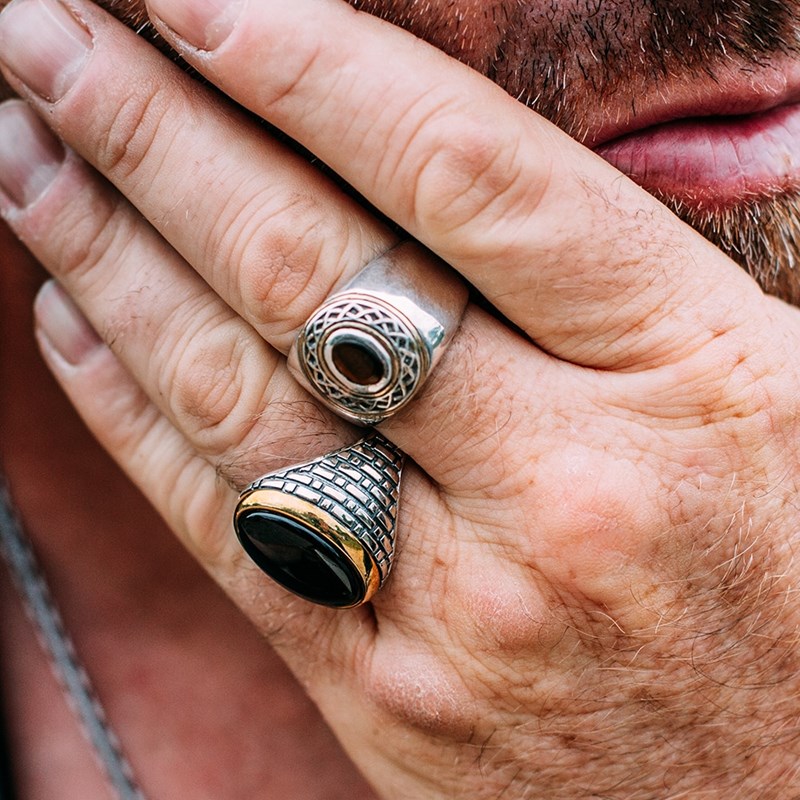 Bague Homme Argent Dore Onyx oeil Noir