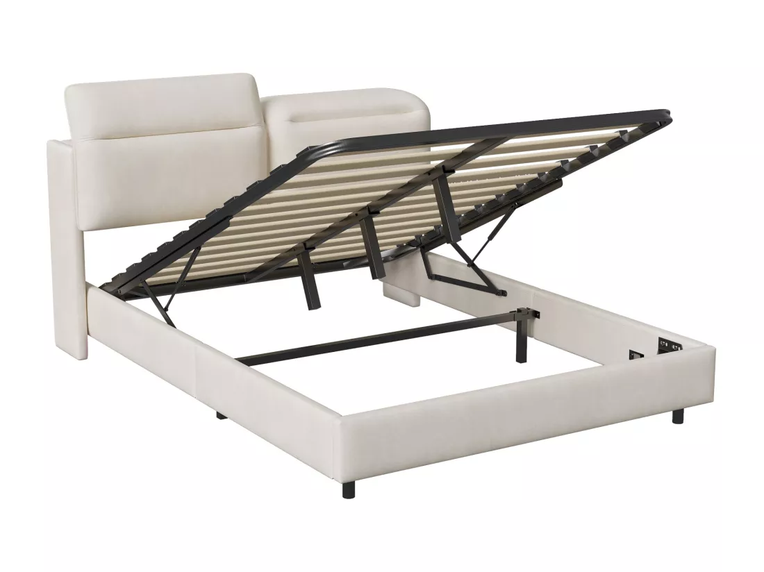 Lit coffre 160x200cm en tissu velous - avec tête de lit pliante et sommier à lattes - Beige