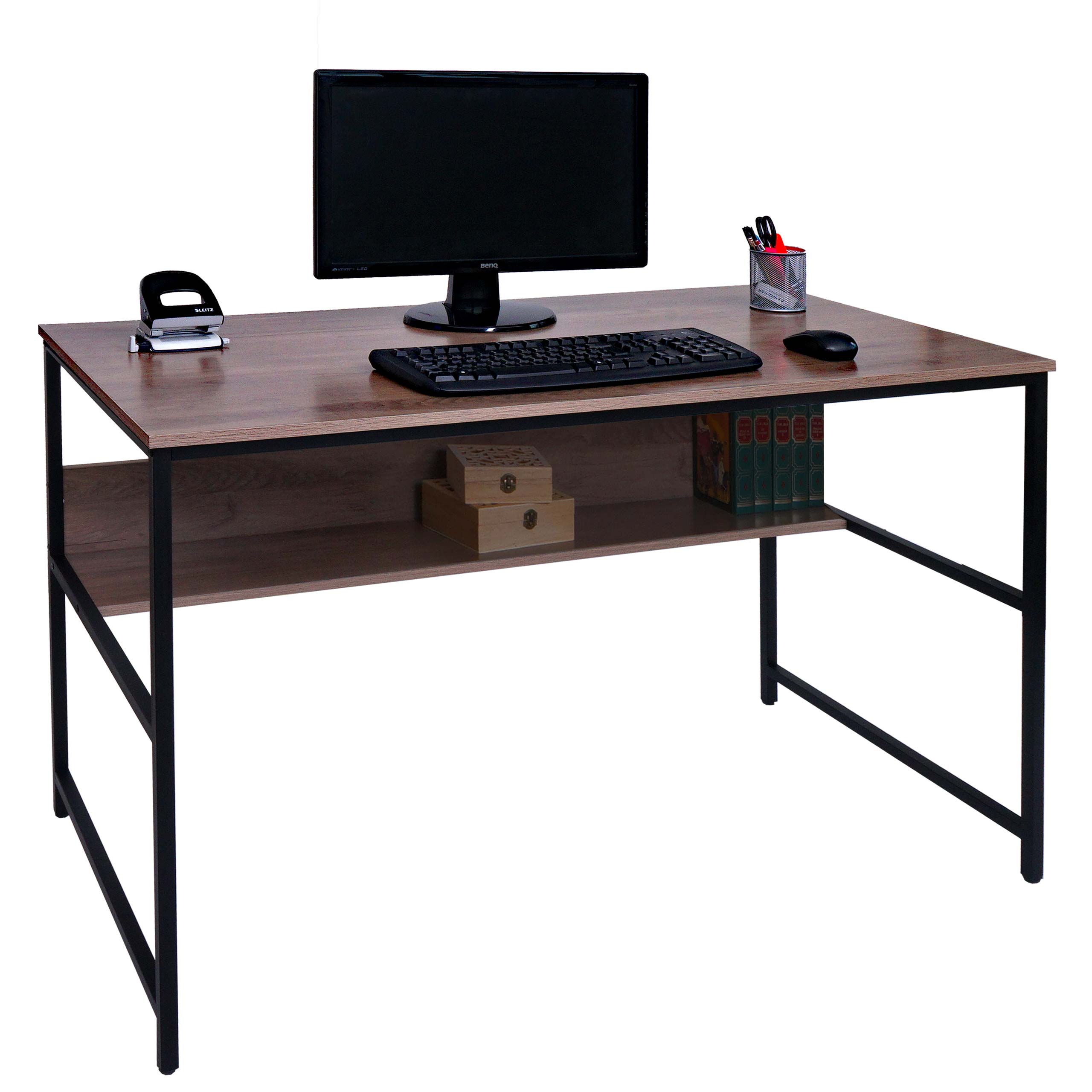 Schreibtisch MCW-K80, Bürotisch Computertisch Arbeitstisch Ablage, Metall MDF 120x60cm ~ grau-braun