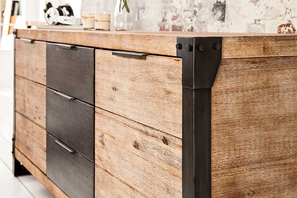 Industrial Sideboard FACTORY 180cm Akazie Massivholz weiß gekälkt Kommode mit Schubladen