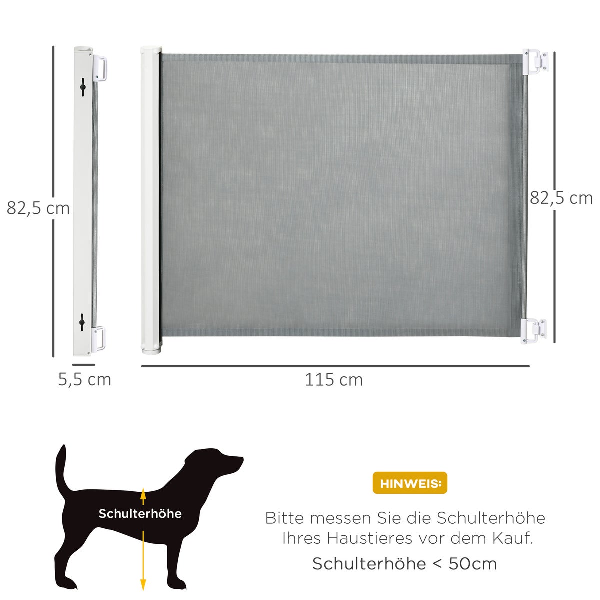 PawHut Hondenscheidingsrek, 5,5–115L x 5,5B x 82,5H cm, Stalen frame, Kunststof, Grijs