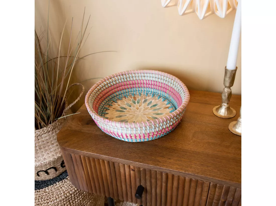 Now's Home - Plateau Rond En Jonc De Mer Et Nacre D30xh7cm Paros