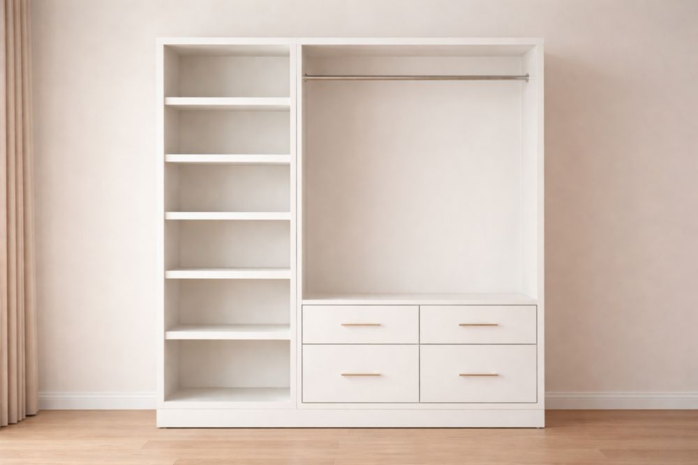 Weißer Kleiderschrank mit Regalen und Schubladen aus MDF