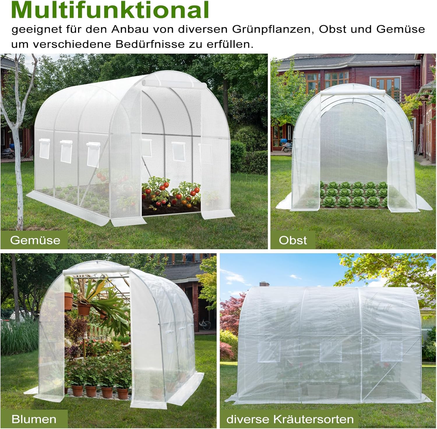 WOLTU Gewächshaus, Foliengewächshaus für Aufzucht Tomaten, Tomatenhaus Winterfest mit Tür 6 Fenstern, aus Stahlrohr PE, 200 x 200 x 300 cm, Weiß