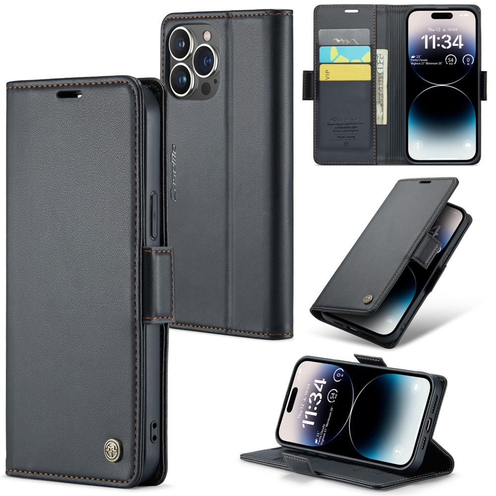 iPhone 14 Pro Leder Tasche Flip Wallet Etui mit Kartenfächern Litchi Look (RFID Schutz) - Schwarz